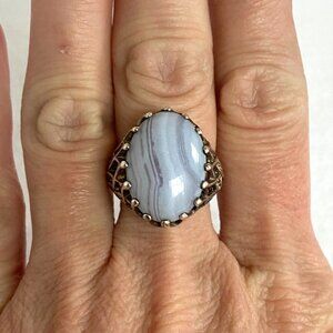 Kabana Sterling Silver 925 Caged Modernist Style Oval Blue Lace Agate Ring 7.75